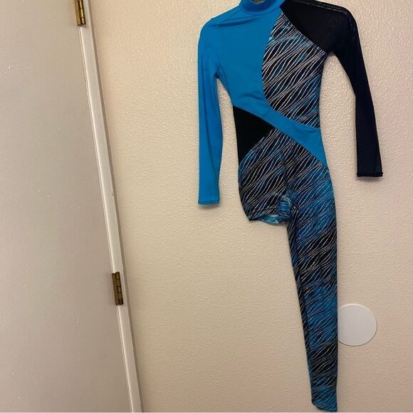 WEISSMAN Dance Costume Aqua blue velvet one leg unitard Elements 12687 IC 7/8 - Picture 2 of 11